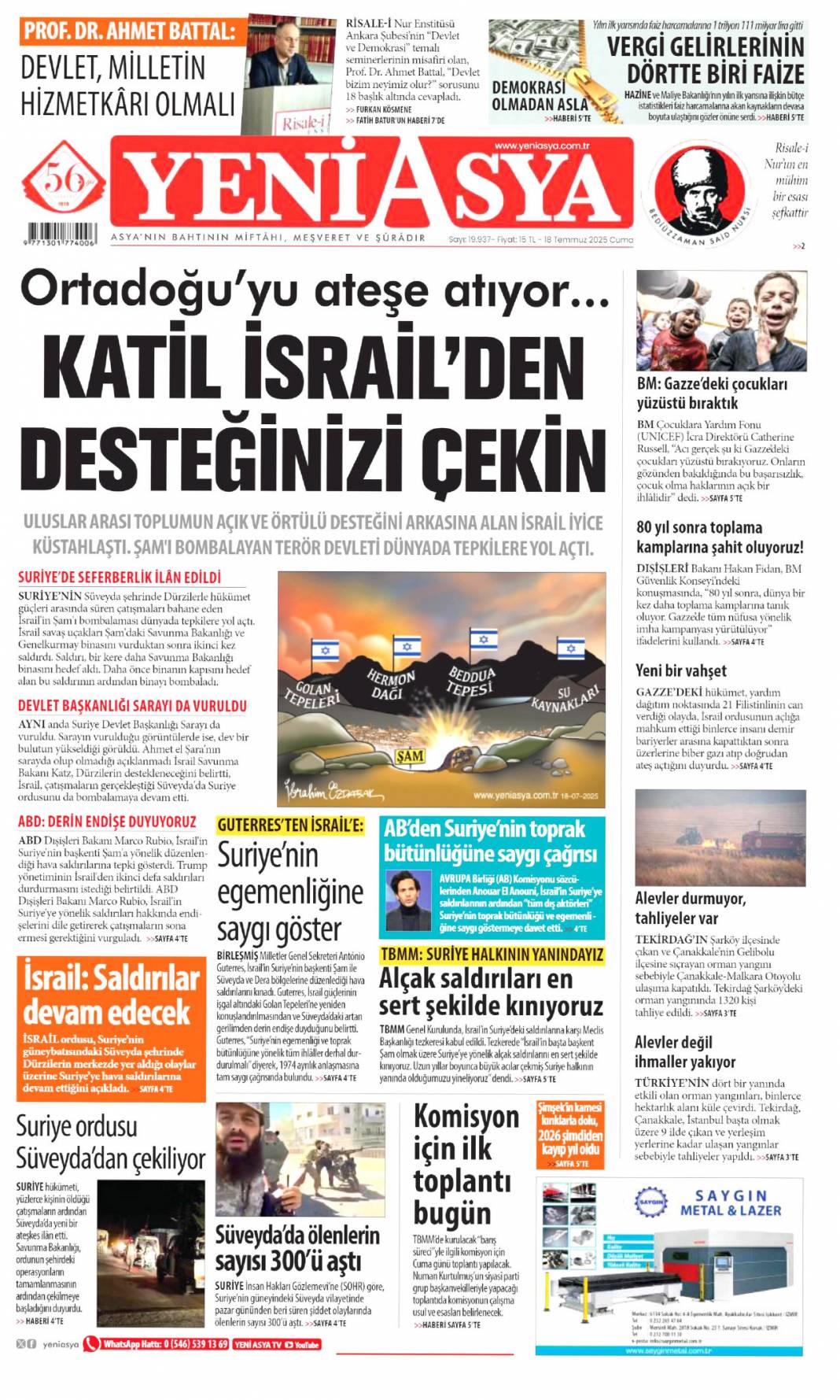 Suriye'yi böldürtmeyiz: 18 Temmuz 2025 Cuma, güncel gazete manşetleri 22