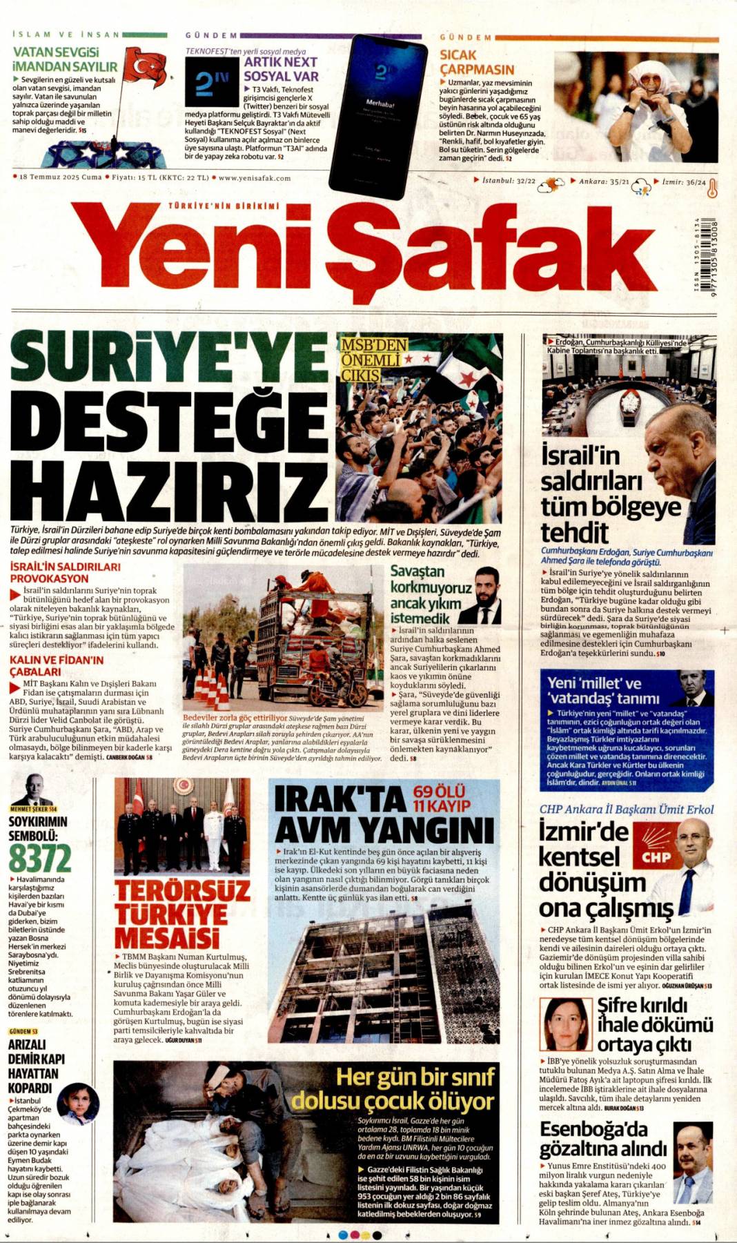 Suriye'yi böldürtmeyiz: 18 Temmuz 2025 Cuma, güncel gazete manşetleri 24