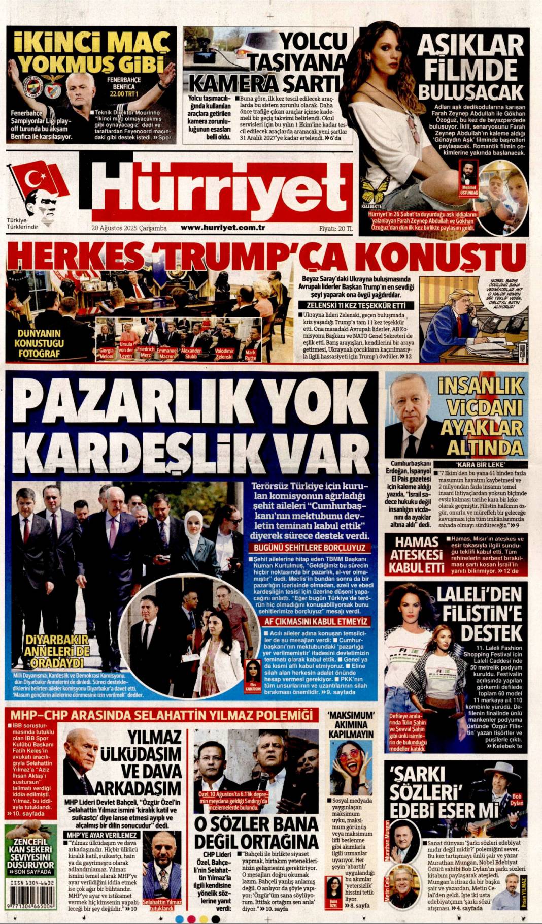 Pazarlık yok kardeşlik var: 20 Ağustos 2025 gazete manşetleri 1