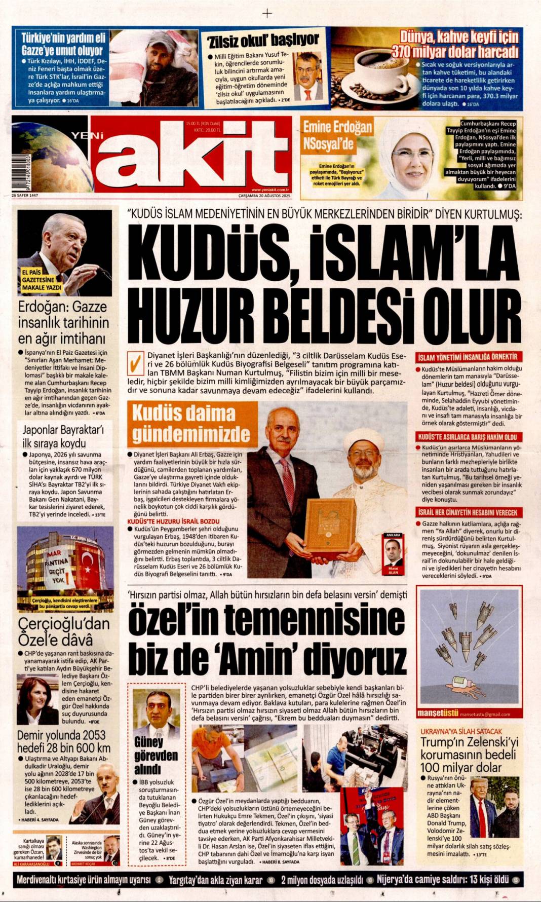 Pazarlık yok kardeşlik var: 20 Ağustos 2025 gazete manşetleri 10