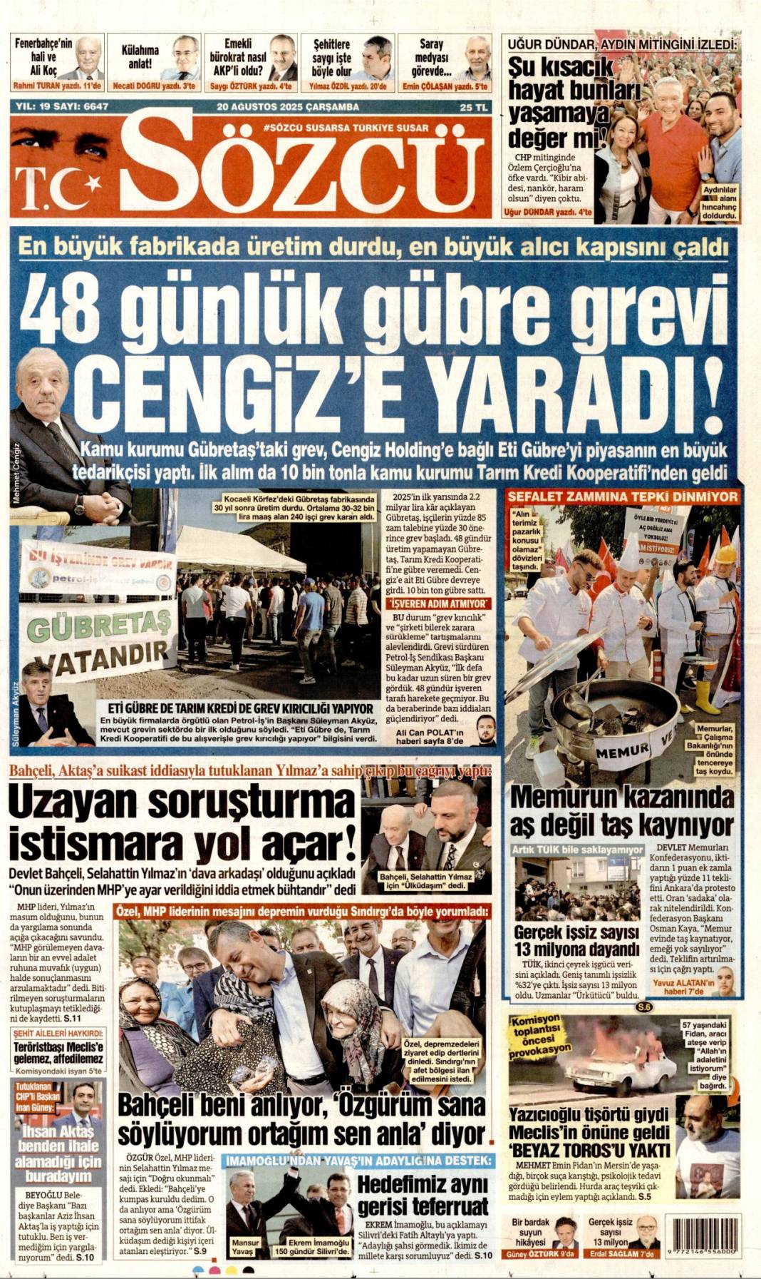 Pazarlık yok kardeşlik var: 20 Ağustos 2025 gazete manşetleri 3