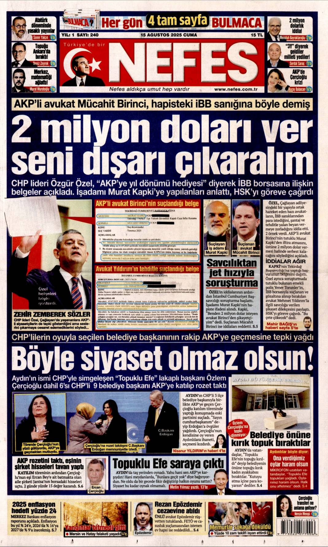 Topuklu efe'ye AK Parti rozeti: 15 Ağustos 2025 gazete manşetleri 4