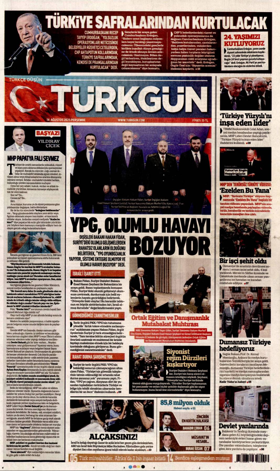 Kurnazlığı bırak YPG! Acil adım atmazlarsa operasyon an meselesi: 14 Ağustos gazete manşetleri 7