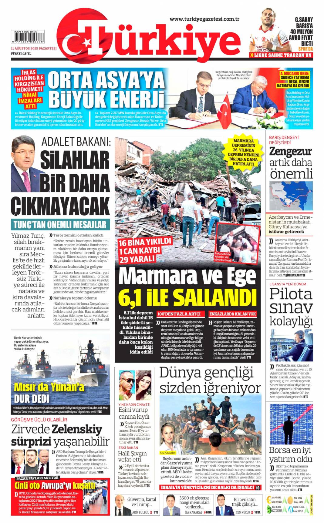 Marmara ve Ege 6.1 ile sallandı! 16 bina yıkıldı 1 can kaybı 29 yaralı: 11 Ağustos gazete manşetleri. 1