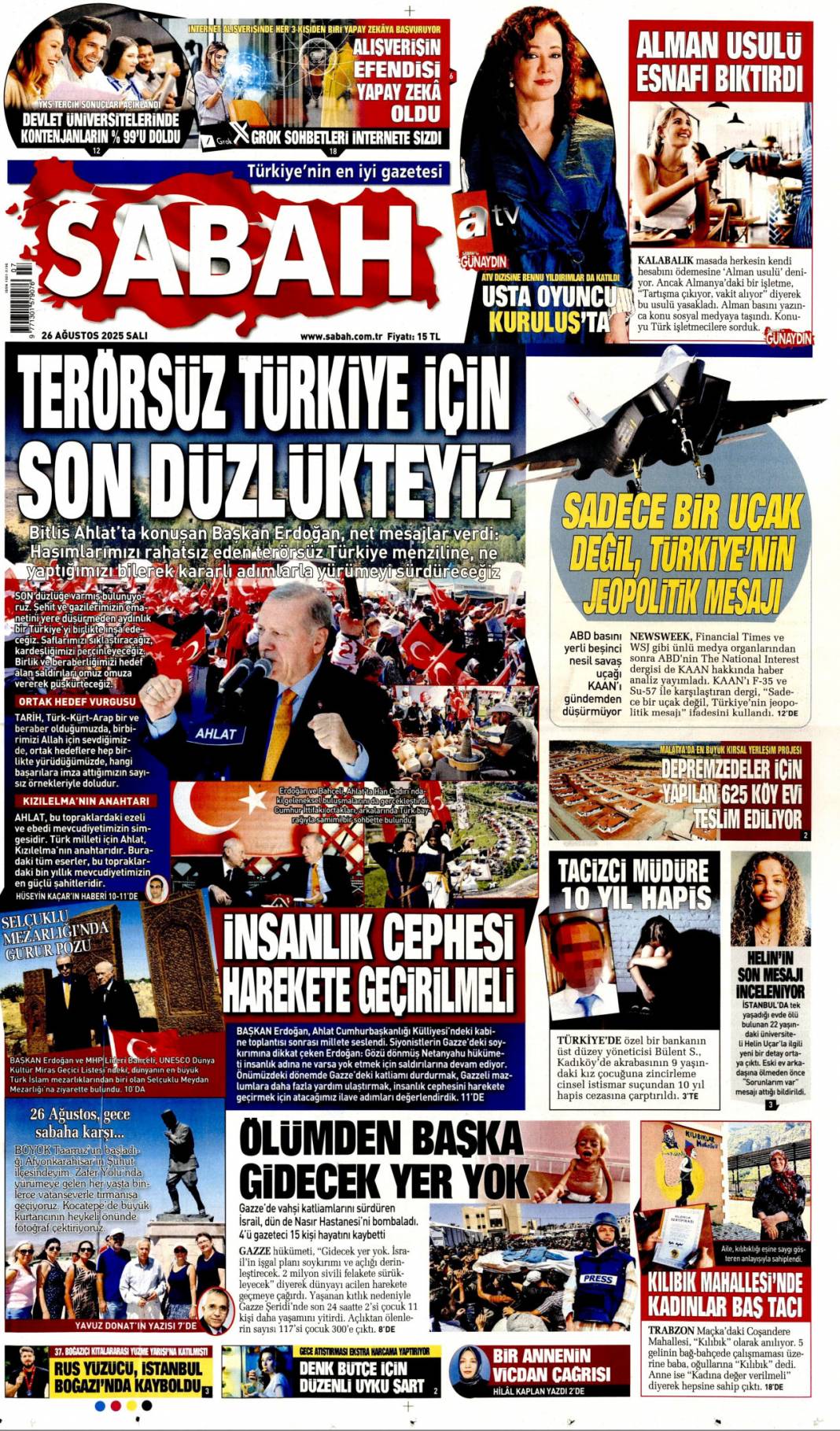 Terörsüz Türkiye için son düzlükteyiz: 26 Ağustos 2025 Salı, gazete manşetleri 1