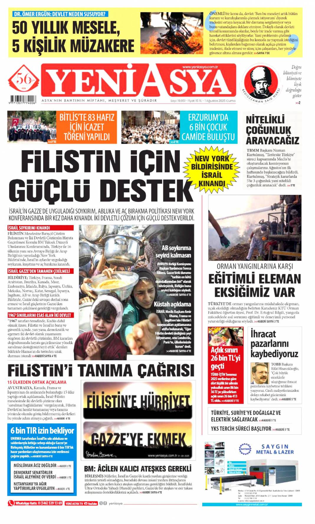 Yangınlara karşı toplu dua seferberliği: 1 Ağustos 2025 Cuma güncel gazete manşetleri 7