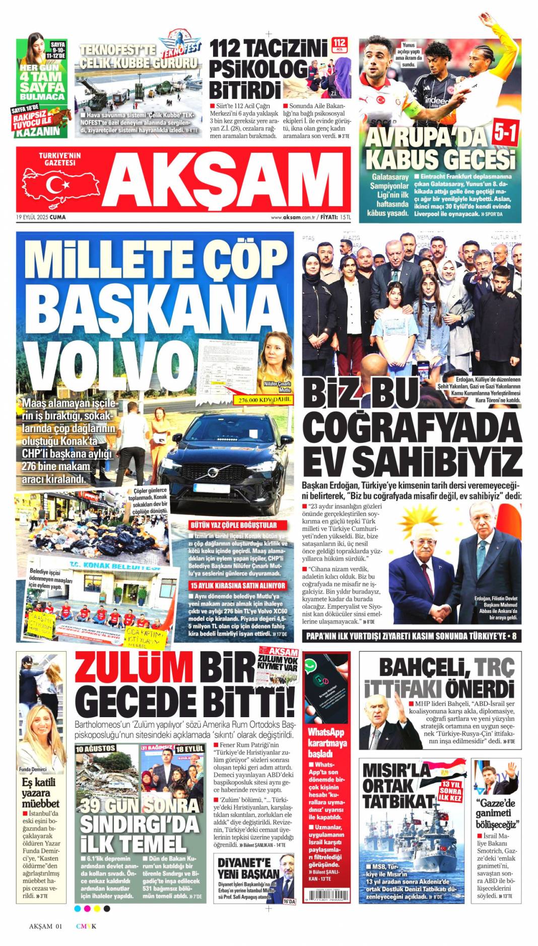 Türkiye'de aslan, Avrupa'da suskun! Kabus gibi başlangıç: 19 Eylül 2025 gazete manşetleri 13