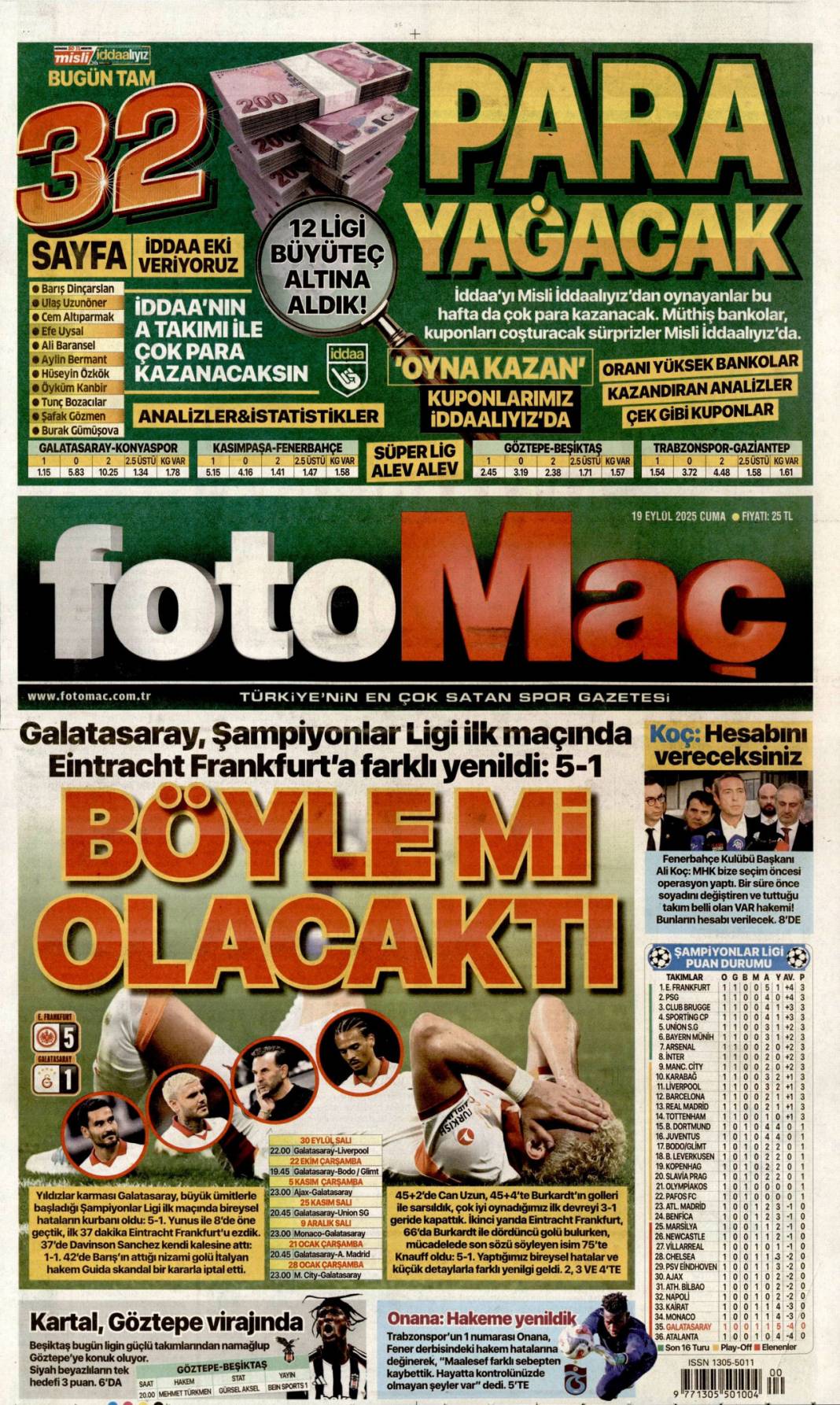 Türkiye'de aslan, Avrupa'da suskun! Kabus gibi başlangıç: 19 Eylül 2025 gazete manşetleri 1