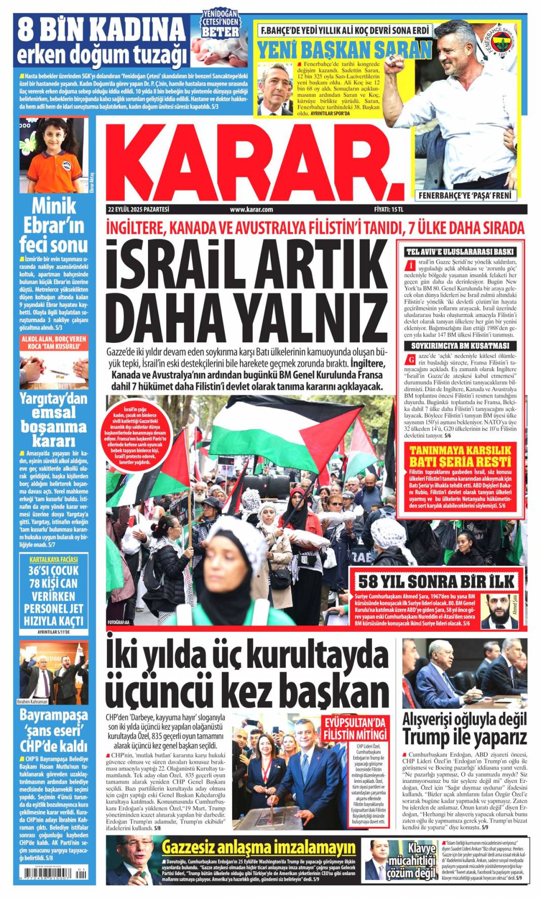 Filistin için tarihi bir gelişme! Filistin'e İngiliz anahtarı: 22 Eylül gazete manşetleri 9