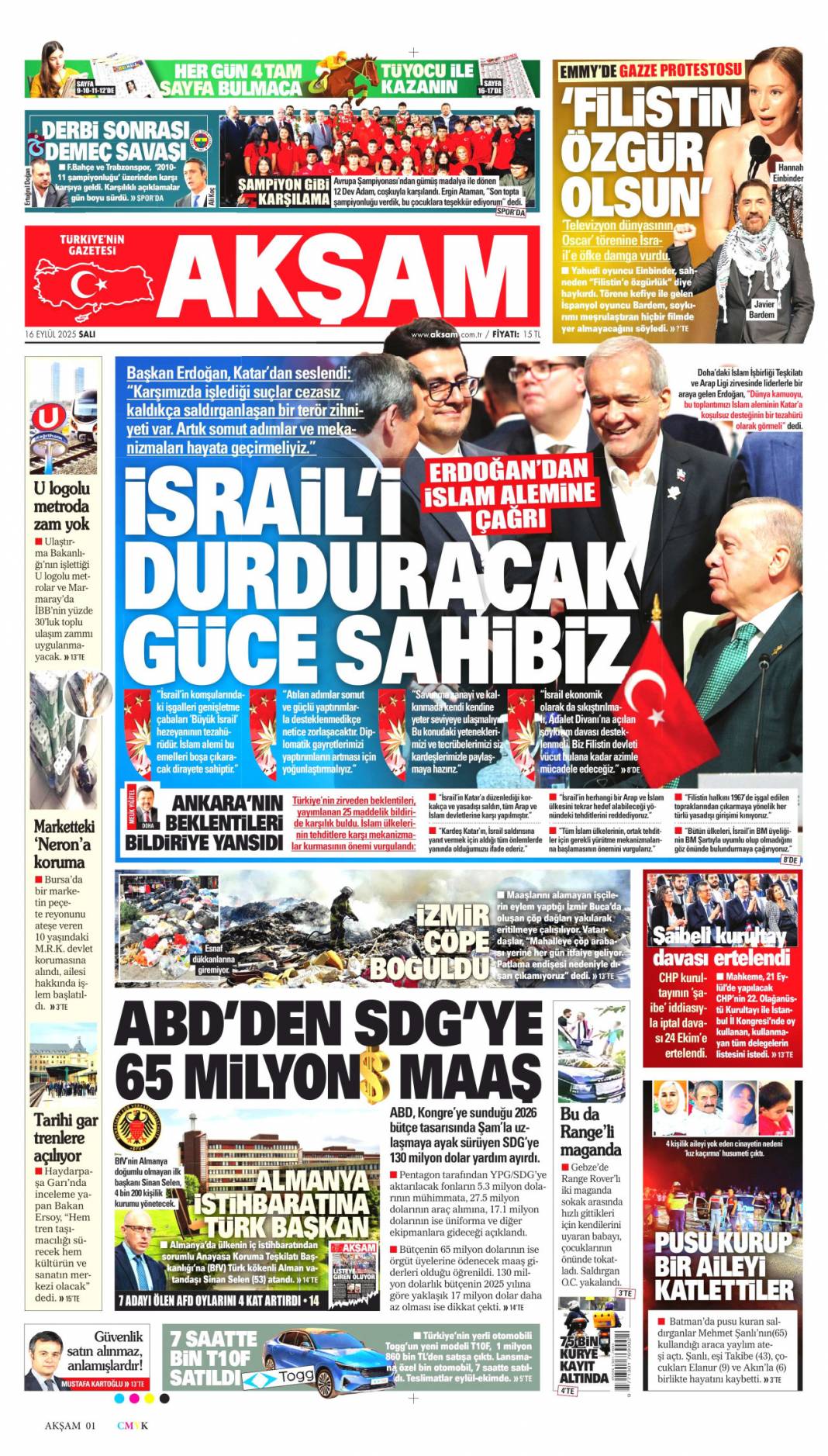 Dava ertelendi, tansiyon düştü: 16 Eylül 2025 Salı güncel gazete manşetleri 6