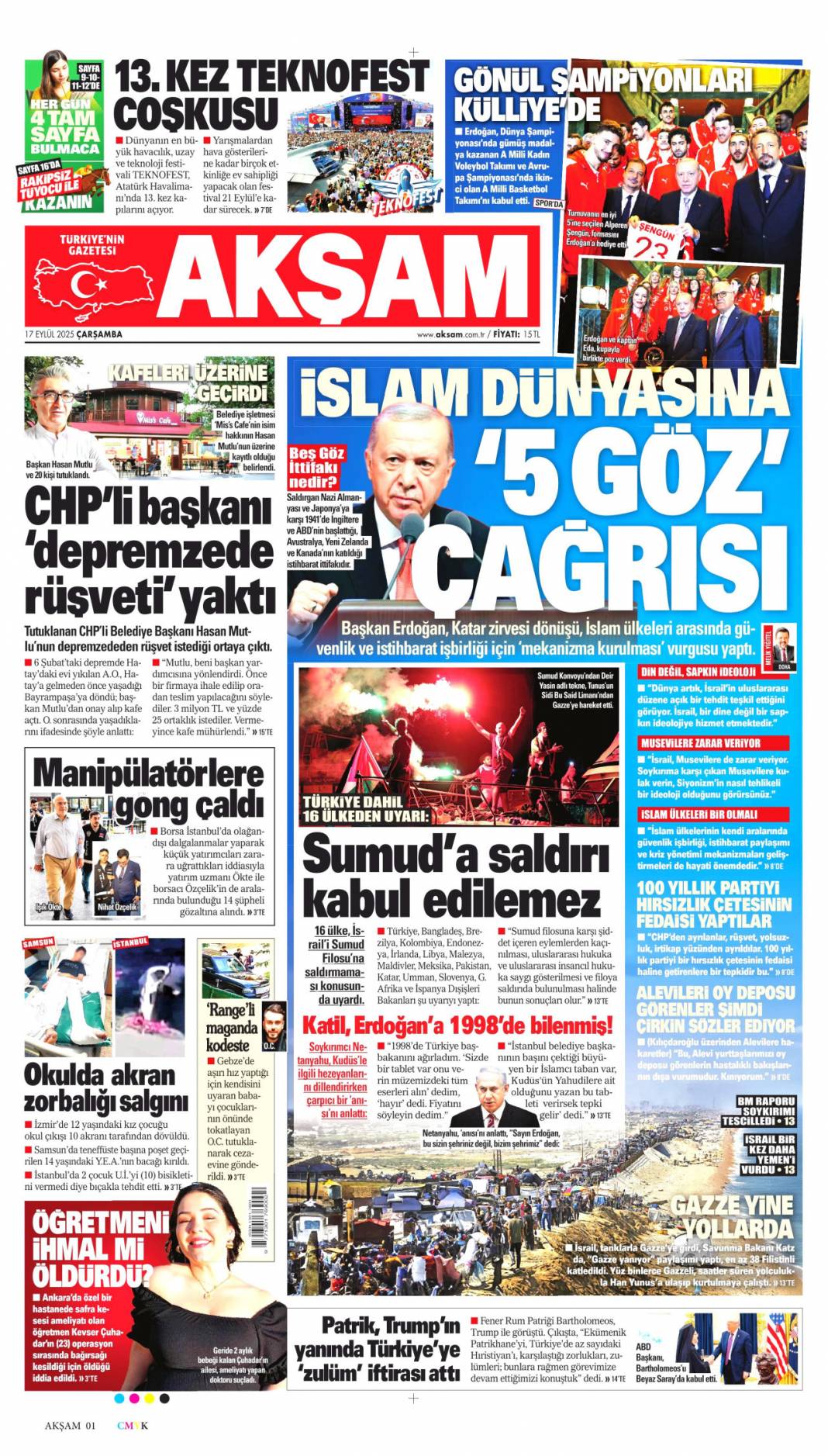 Netanyahu'nun sonu Hitler gibi olacak: 17 Eylül 2025 Çarşamba güncel gazete manşetleri 17