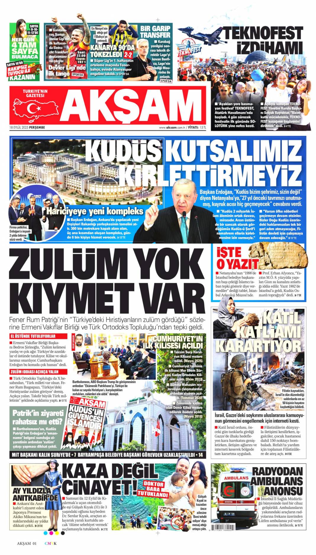 Kudüs'te ferman Gazze'de tapu bizde: 18 Eylül 2025 Perşembe güncel gazete manşetleri 6