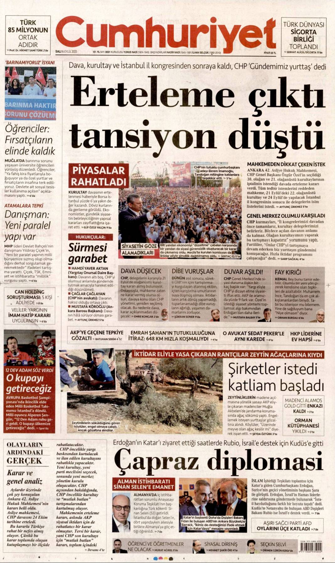 Dava ertelendi, tansiyon düştü: 16 Eylül 2025 Salı güncel gazete manşetleri 5