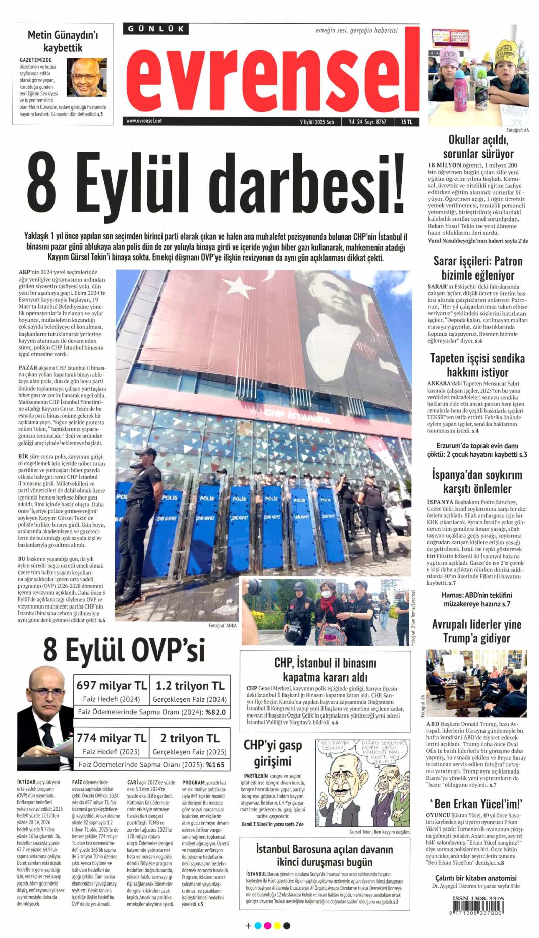 Para kulesini kapattılar: 9 Eylül 2025 Salı güncel gazete manşetleri 12