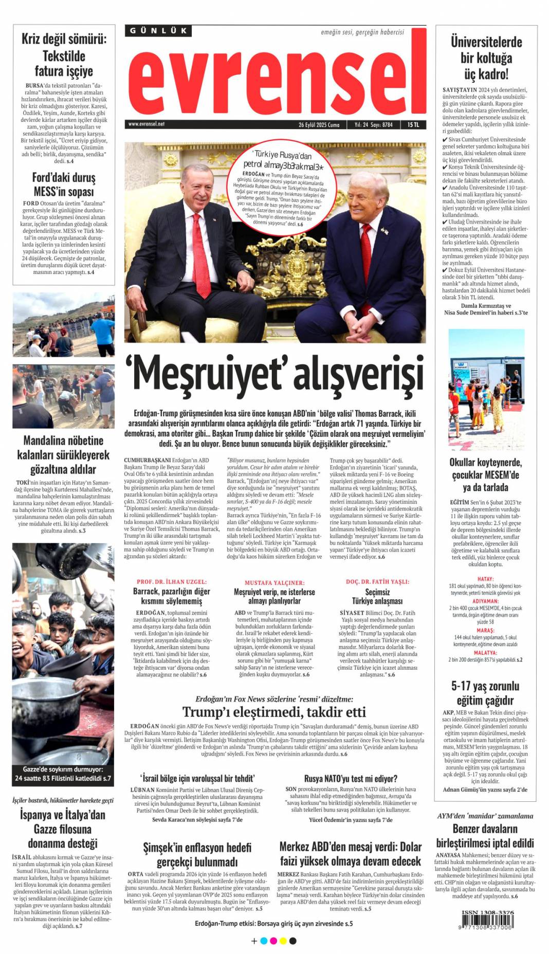 Sıcak mesajlar sıkı pazarlık: 26 Eylül 2025 Cuma merak edilen güncel gazete manşetleri 11