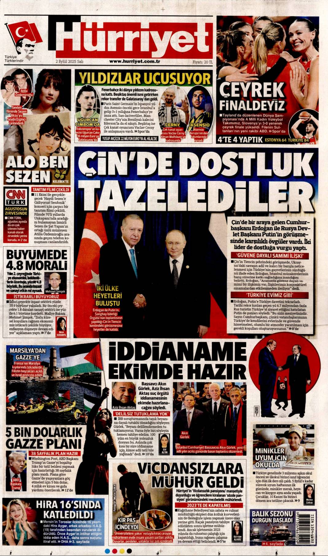 Çin'de dostluk tazelendi: 2 Eylül 2025 Salı güncel gazete manşetleri 1