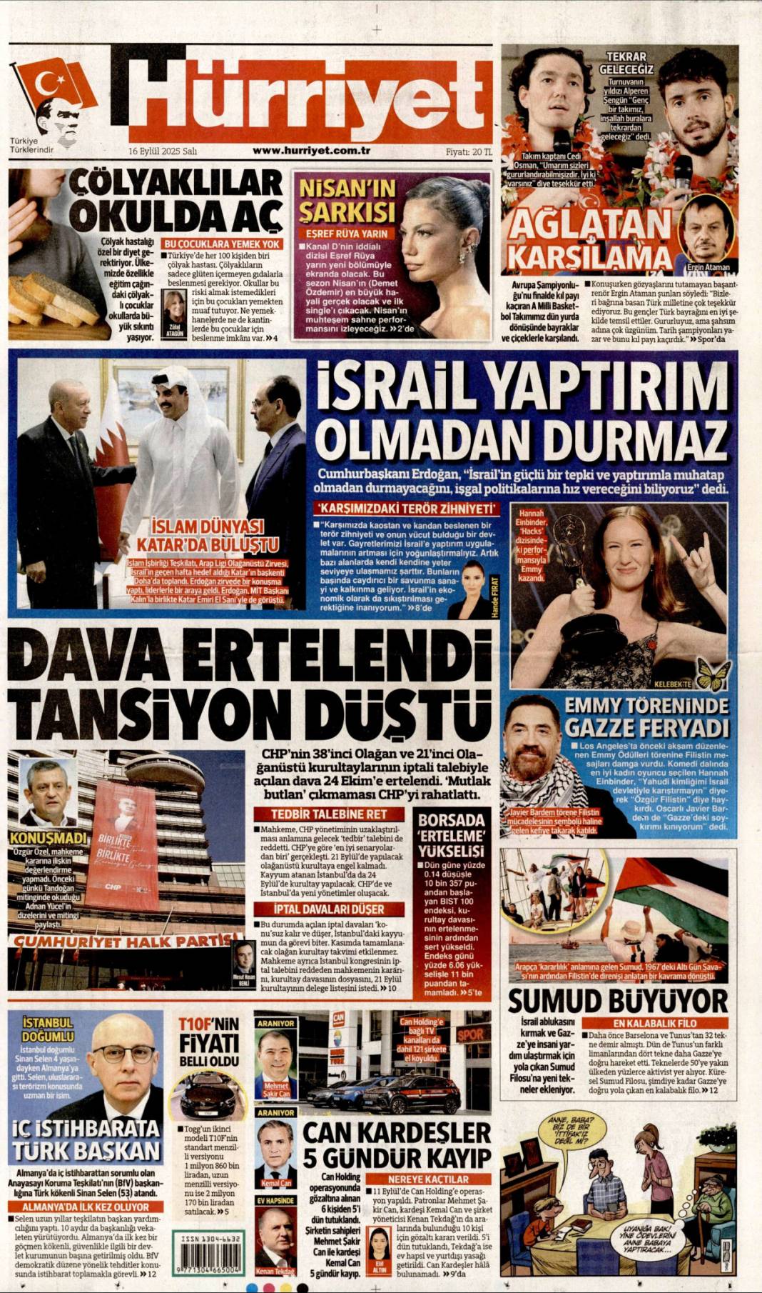 Dava ertelendi, tansiyon düştü: 16 Eylül 2025 Salı güncel gazete manşetleri 1