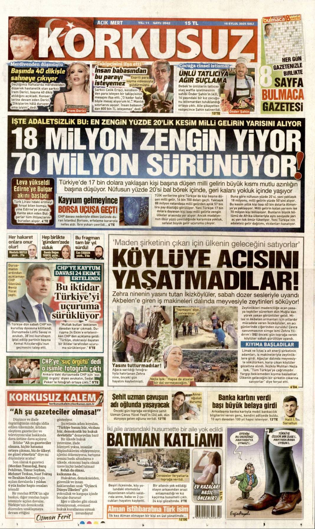 Dava ertelendi, tansiyon düştü: 16 Eylül 2025 Salı güncel gazete manşetleri 13