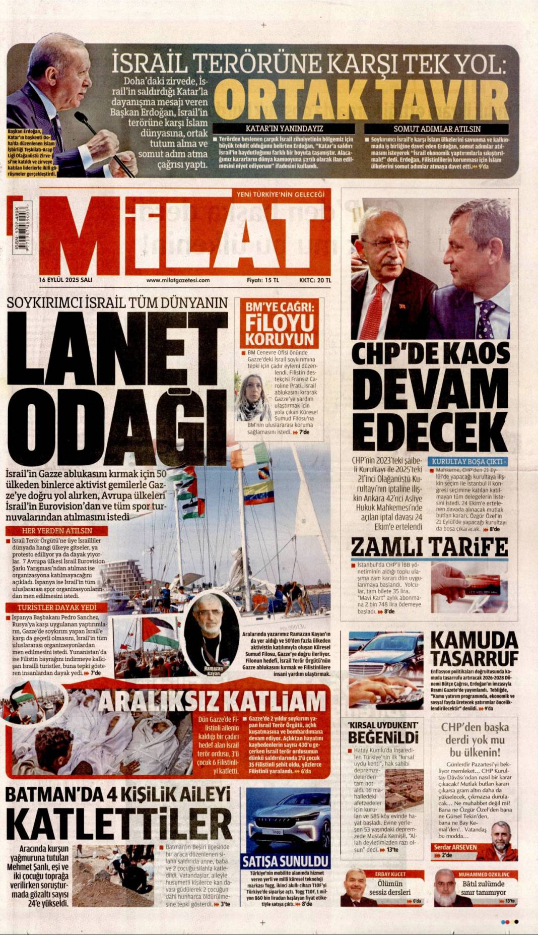 Dava ertelendi, tansiyon düştü: 16 Eylül 2025 Salı güncel gazete manşetleri 14