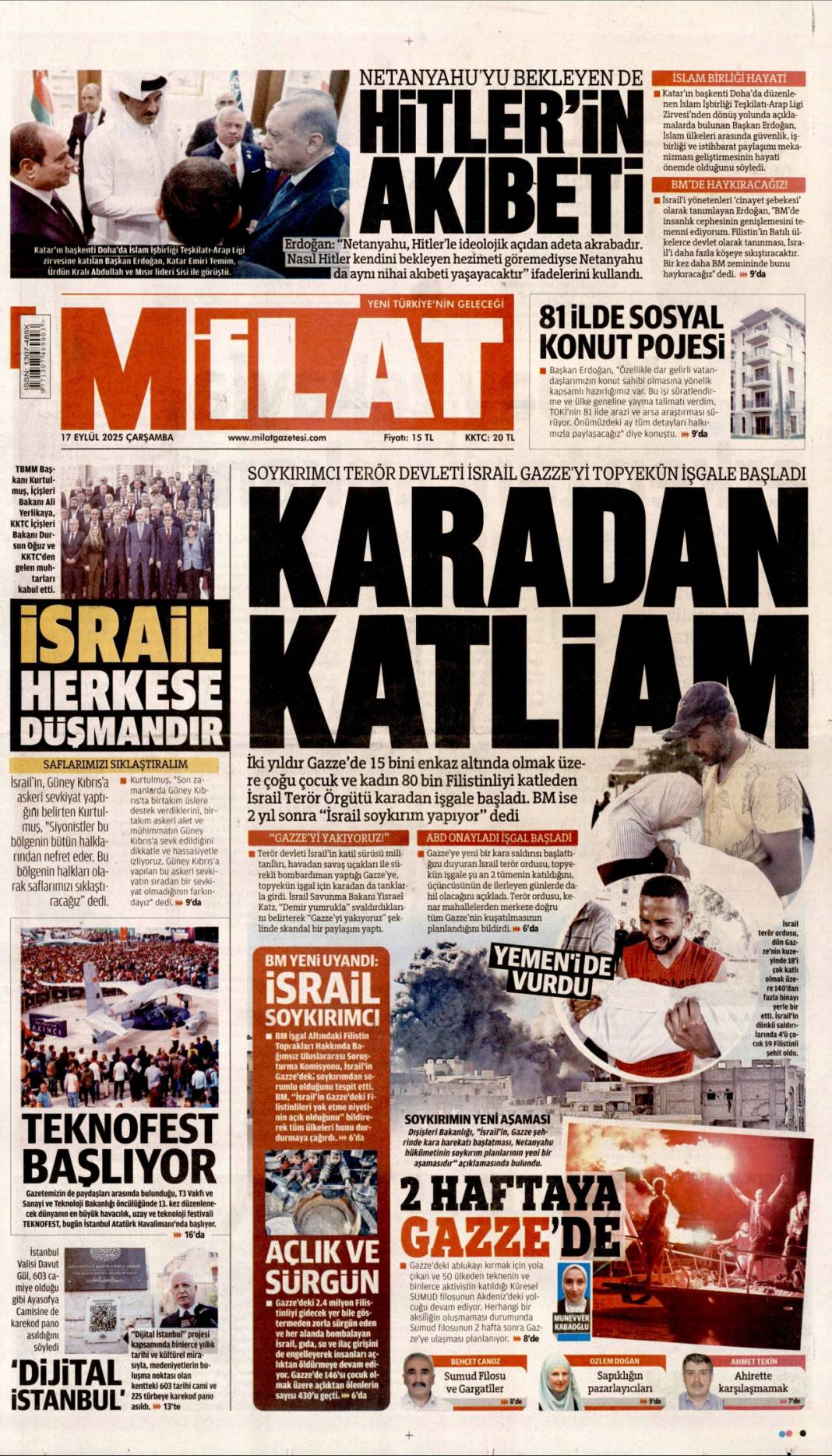 Netanyahu'nun sonu Hitler gibi olacak: 17 Eylül 2025 Çarşamba güncel gazete manşetleri 16