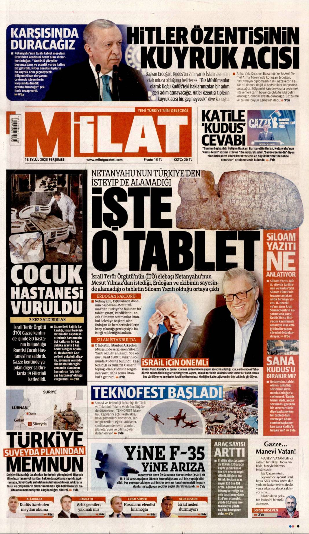 Kudüs'te ferman Gazze'de tapu bizde: 18 Eylül 2025 Perşembe güncel gazete manşetleri 14