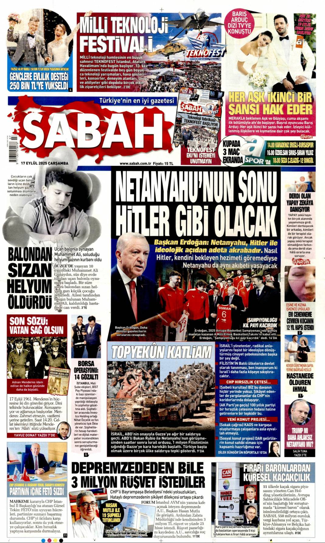Netanyahu'nun sonu Hitler gibi olacak: 17 Eylül 2025 Çarşamba güncel gazete manşetleri 1