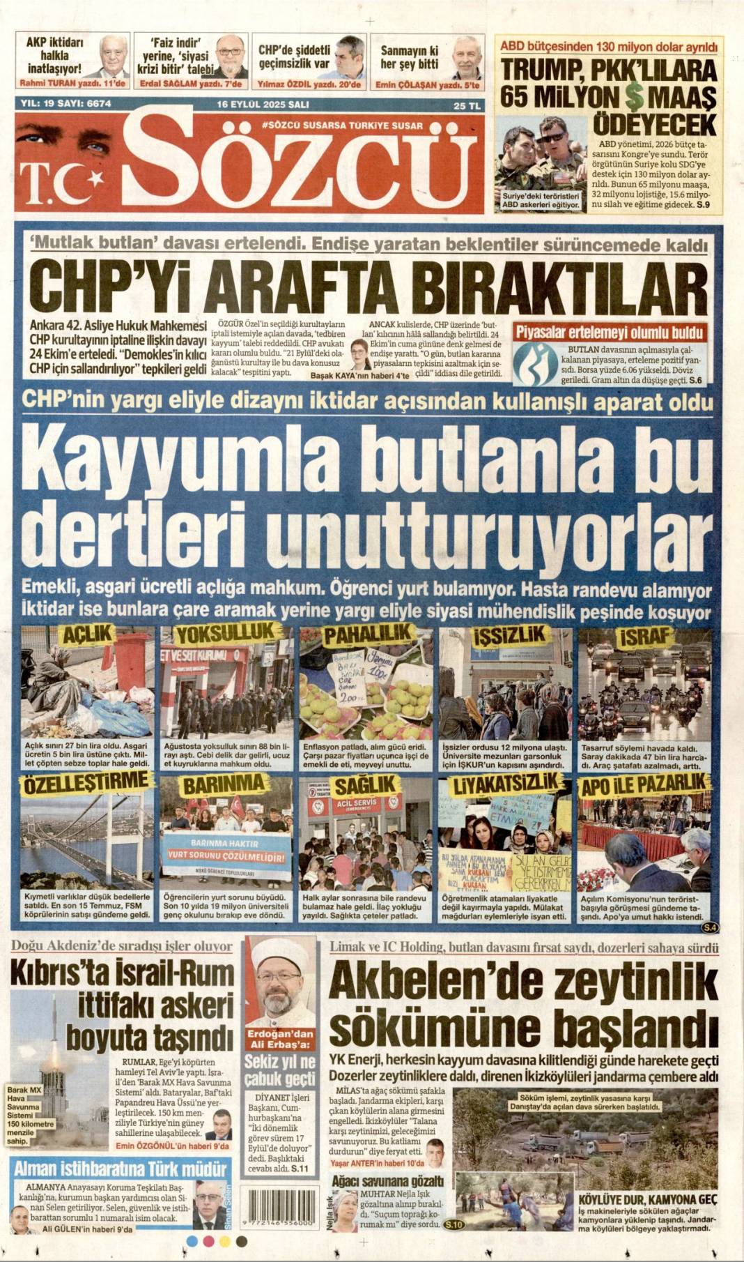 Dava ertelendi, tansiyon düştü: 16 Eylül 2025 Salı güncel gazete manşetleri 18