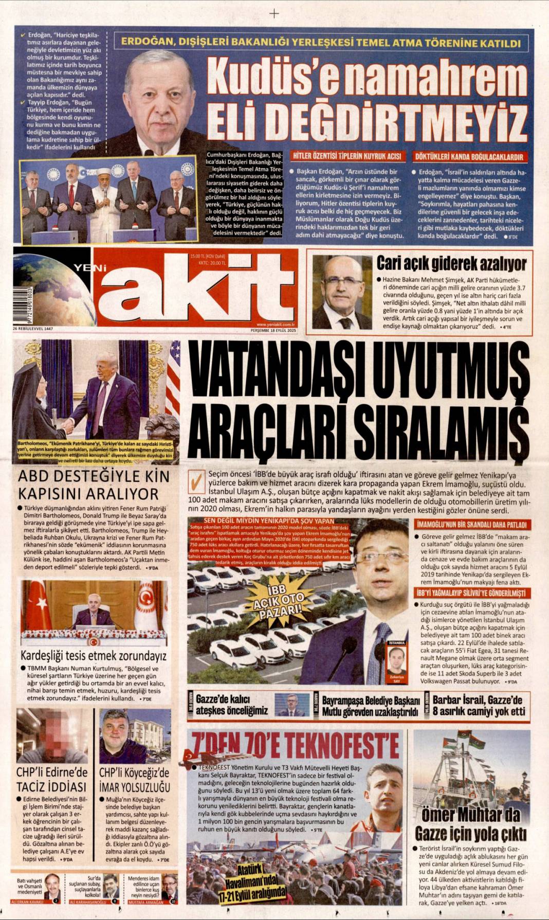 Kudüs'te ferman Gazze'de tapu bizde: 18 Eylül 2025 Perşembe güncel gazete manşetleri 18