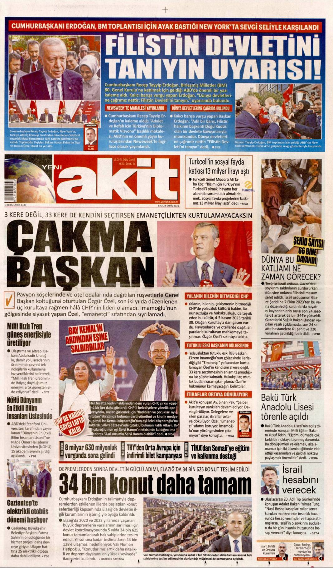 Bir masada yüz yüze: 23 Eylül 2025 Salı güncel gazete manşetleri 9