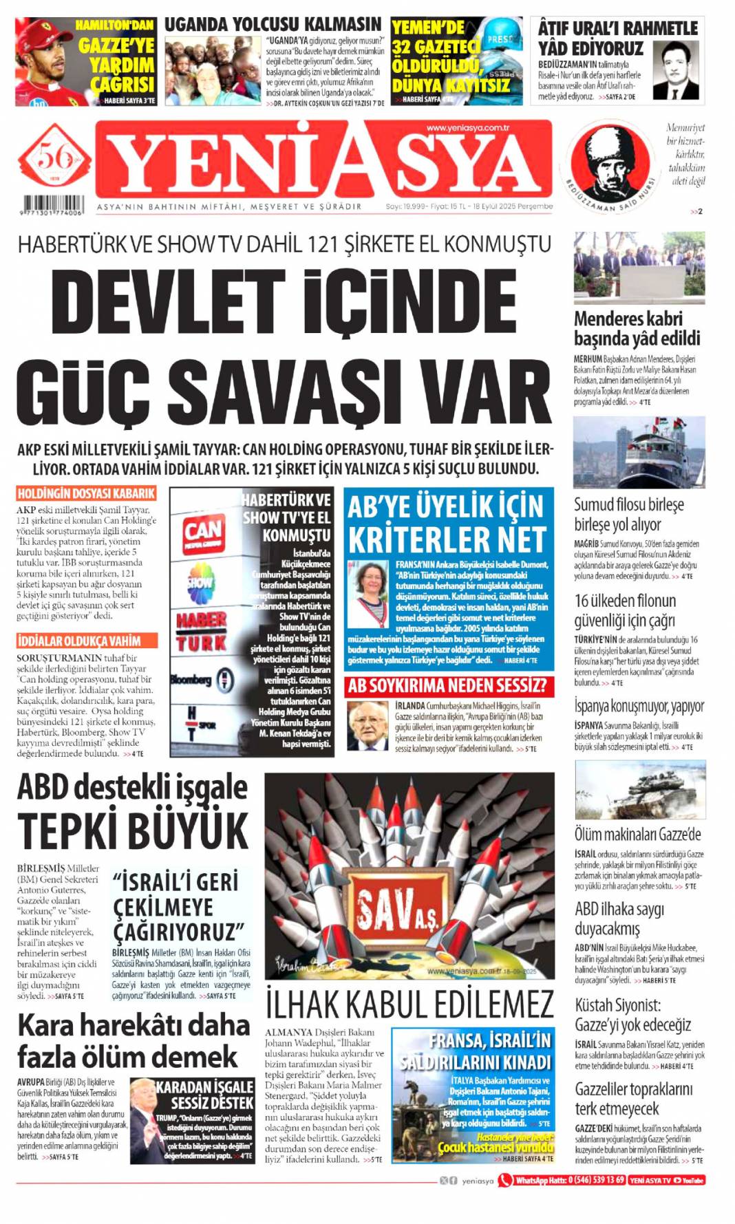 Kudüs'te ferman Gazze'de tapu bizde: 18 Eylül 2025 Perşembe güncel gazete manşetleri 17