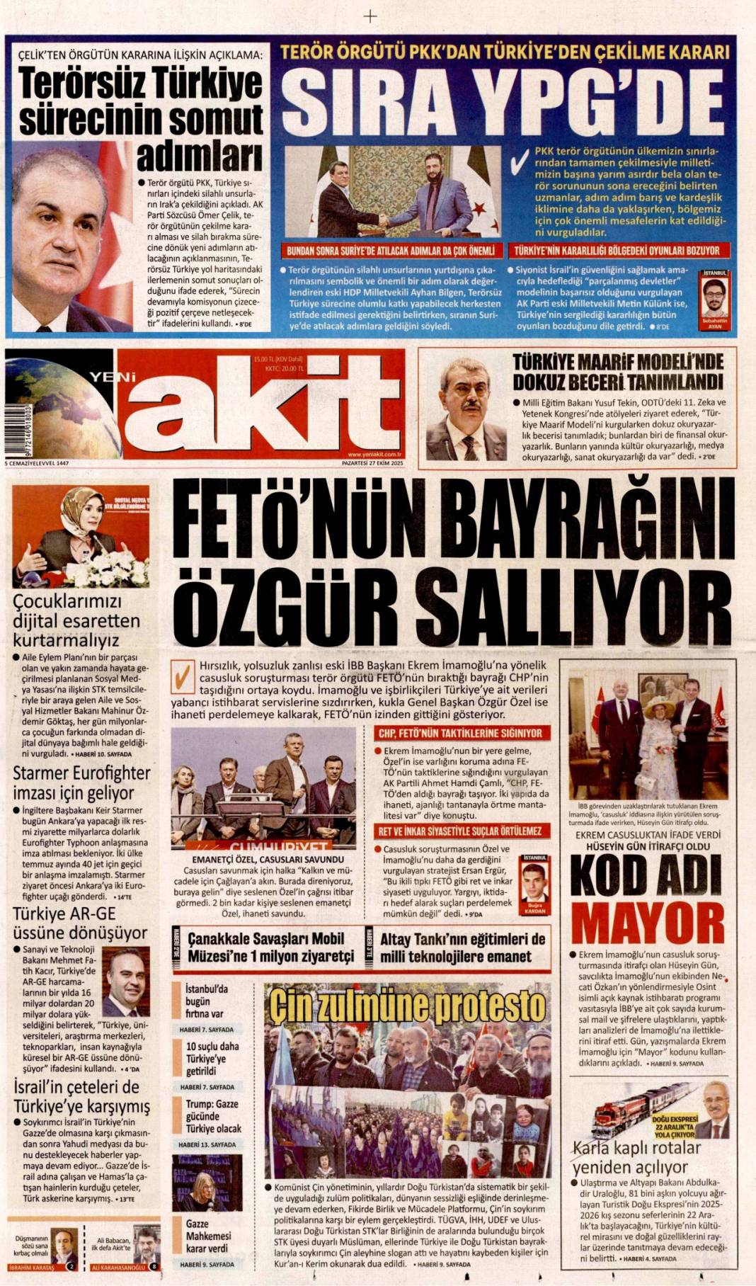 Türkiye'den gittiler, Terörsüz Türkiye yolunda bir adım daha: 27 Ekim 2025 gazete manşetleri 11