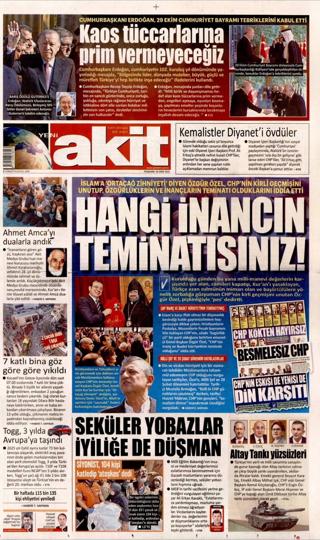 Halkın bayramı, Sen çok yaşa cumhuriyet: 30 Ekim 2025 gazete manşetleri 11