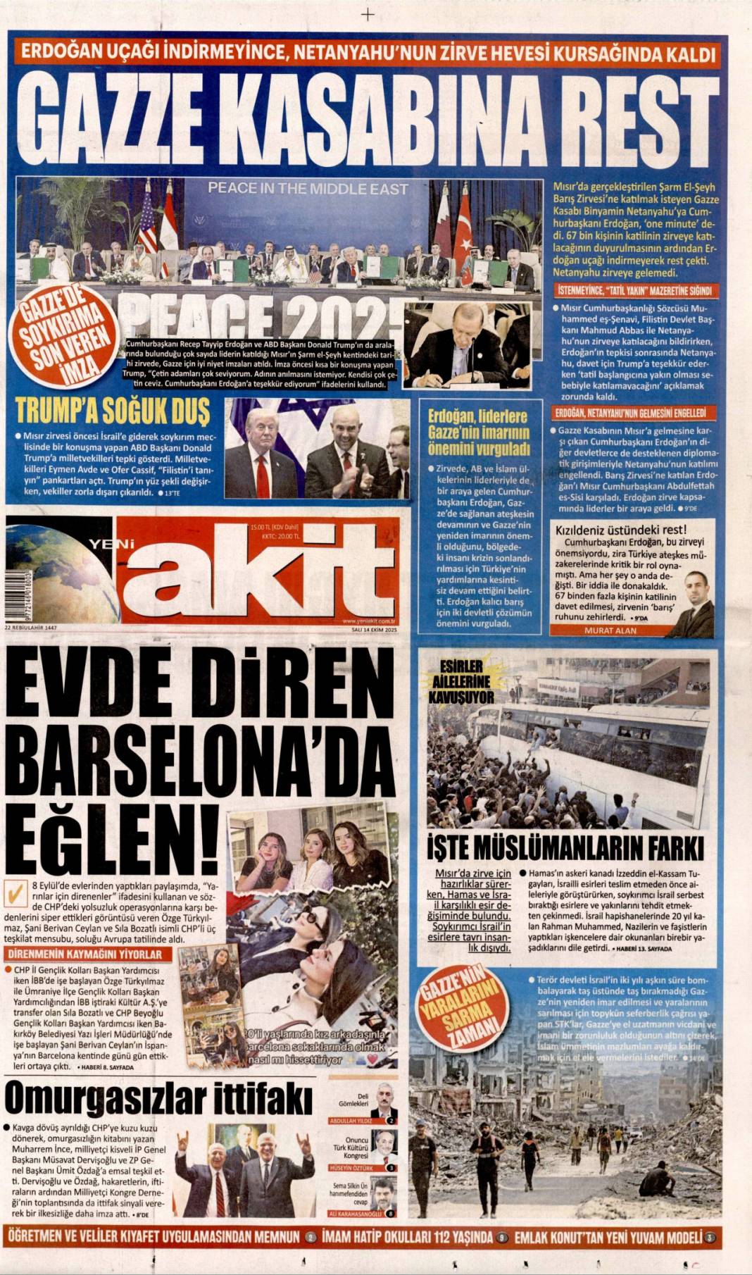 Gazze'de barış için tarihi adım: 14 Ekim 2025 gazete manşetleri 10