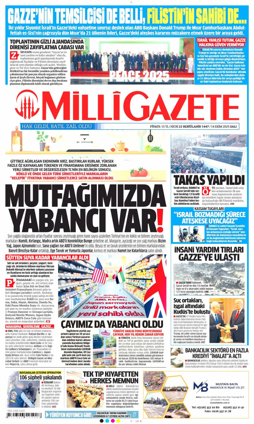 Gazze'de barış için tarihi adım: 14 Ekim 2025 gazete manşetleri 13