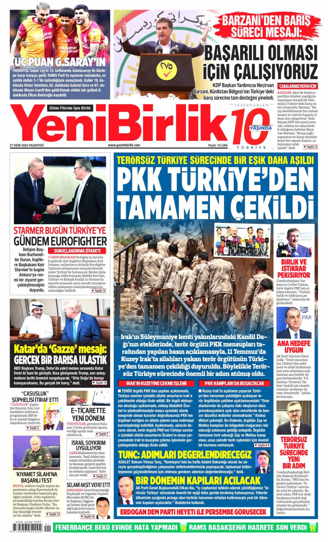 Türkiye'den gittiler, Terörsüz Türkiye yolunda bir adım daha: 27 Ekim 2025 gazete manşetleri 20