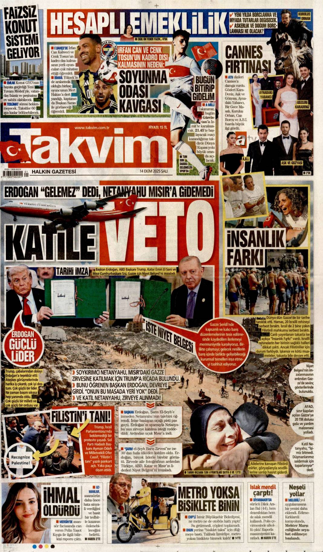 Gazze'de barış için tarihi adım: 14 Ekim 2025 gazete manşetleri 20