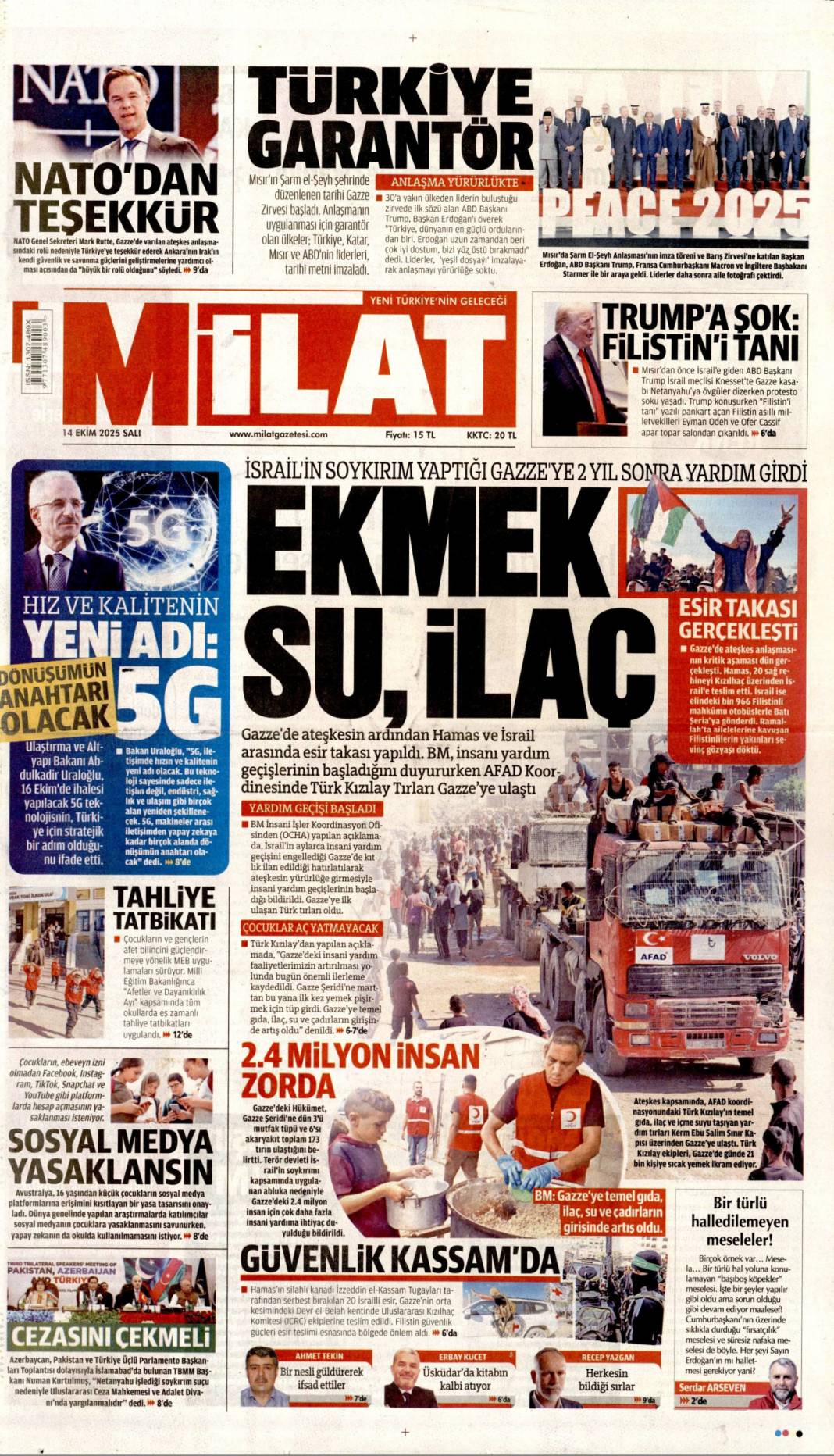 Gazze'de barış için tarihi adım: 14 Ekim 2025 gazete manşetleri 23