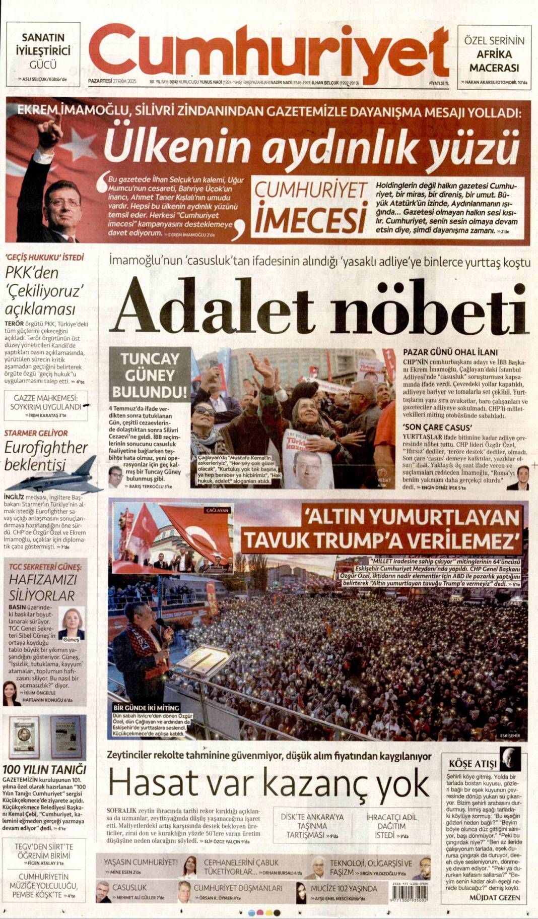 Türkiye'den gittiler, Terörsüz Türkiye yolunda bir adım daha: 27 Ekim 2025 gazete manşetleri 5