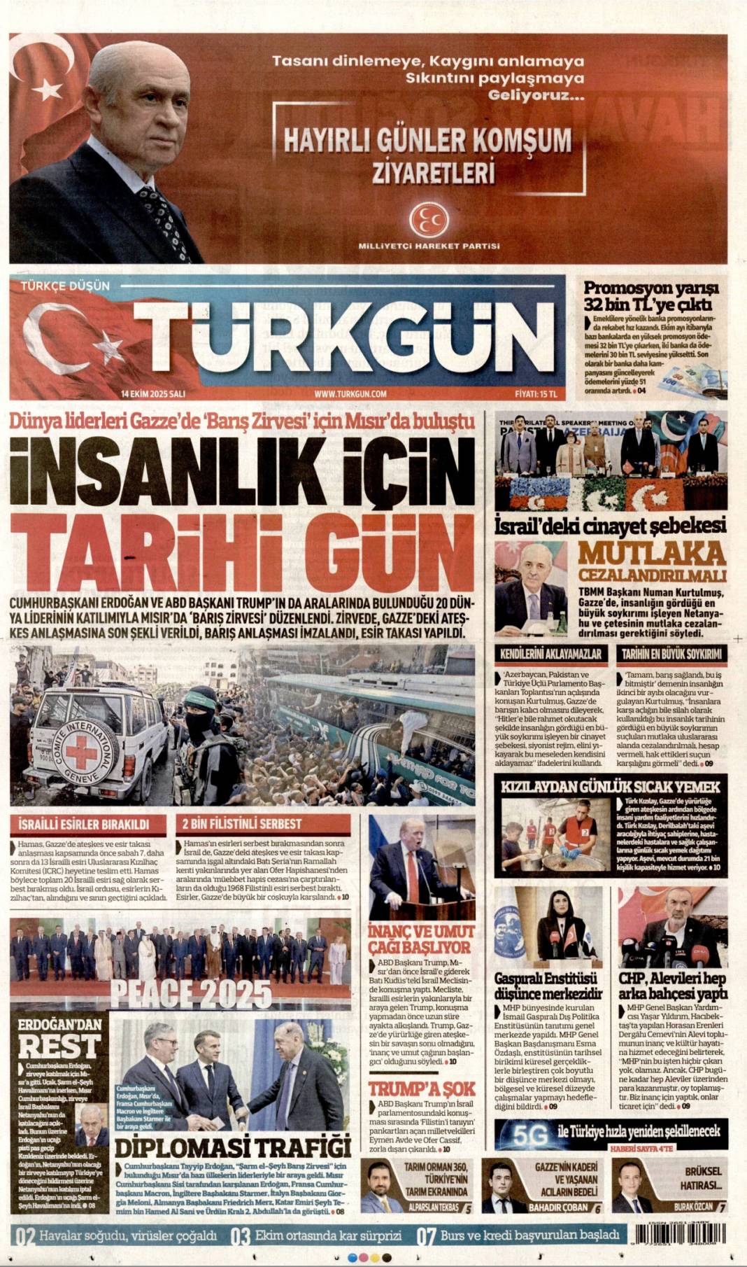 Gazze'de barış için tarihi adım: 14 Ekim 2025 gazete manşetleri 6