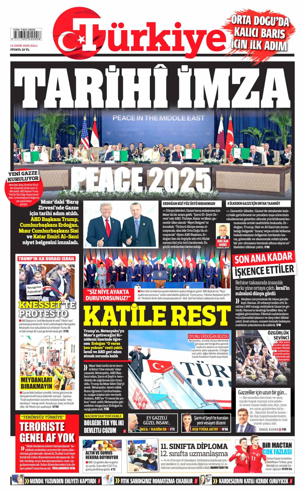 Gazze'de barış için tarihi adım: 14 Ekim 2025 gazete manşetleri 7