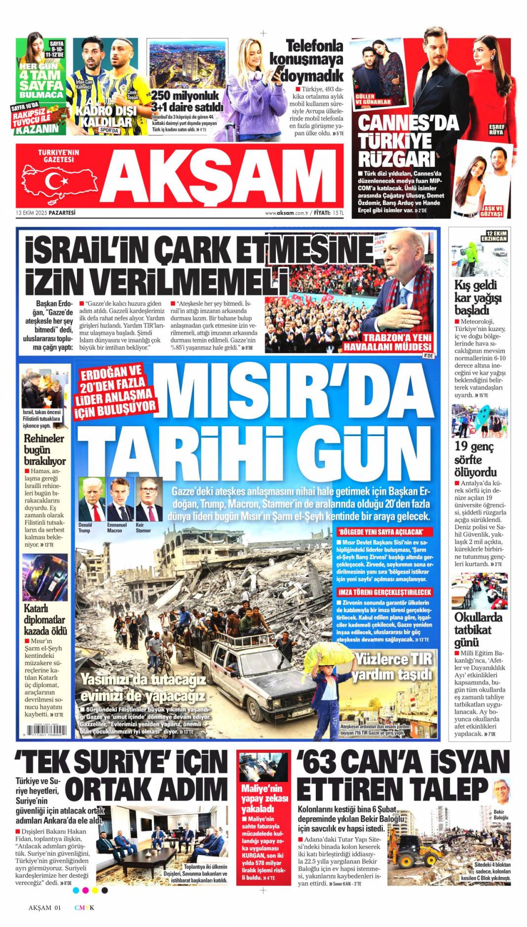 İsrail attığı imzanın arkasında durmalı: 13 Ekim 2025 Pazartesi, güncel gazete manşetleri 24