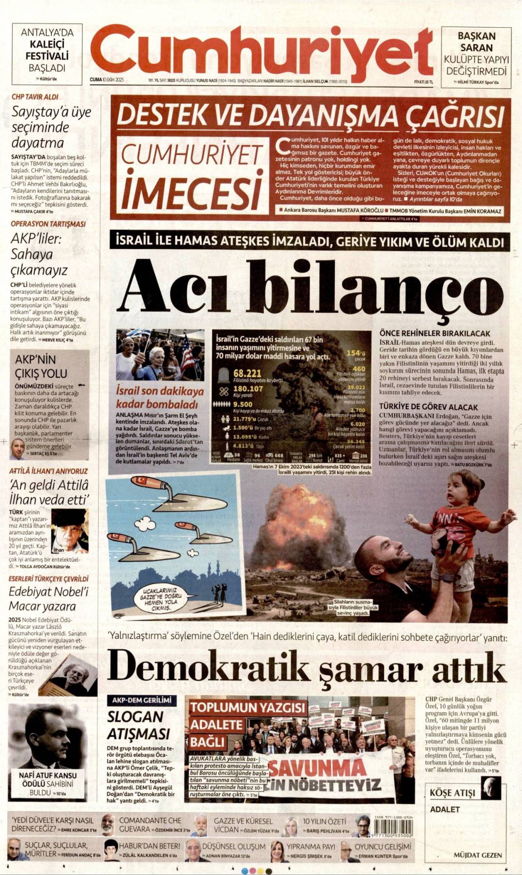 733 gün sonra silahlar sustu, Yüzün hep gülsün Gazze: 10 Ekim 2025 Cuma güncel gazete manşetleri 3