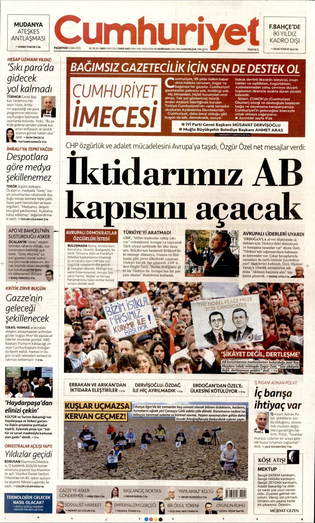 İsrail attığı imzanın arkasında durmalı: 13 Ekim 2025 Pazartesi, güncel gazete manşetleri 3