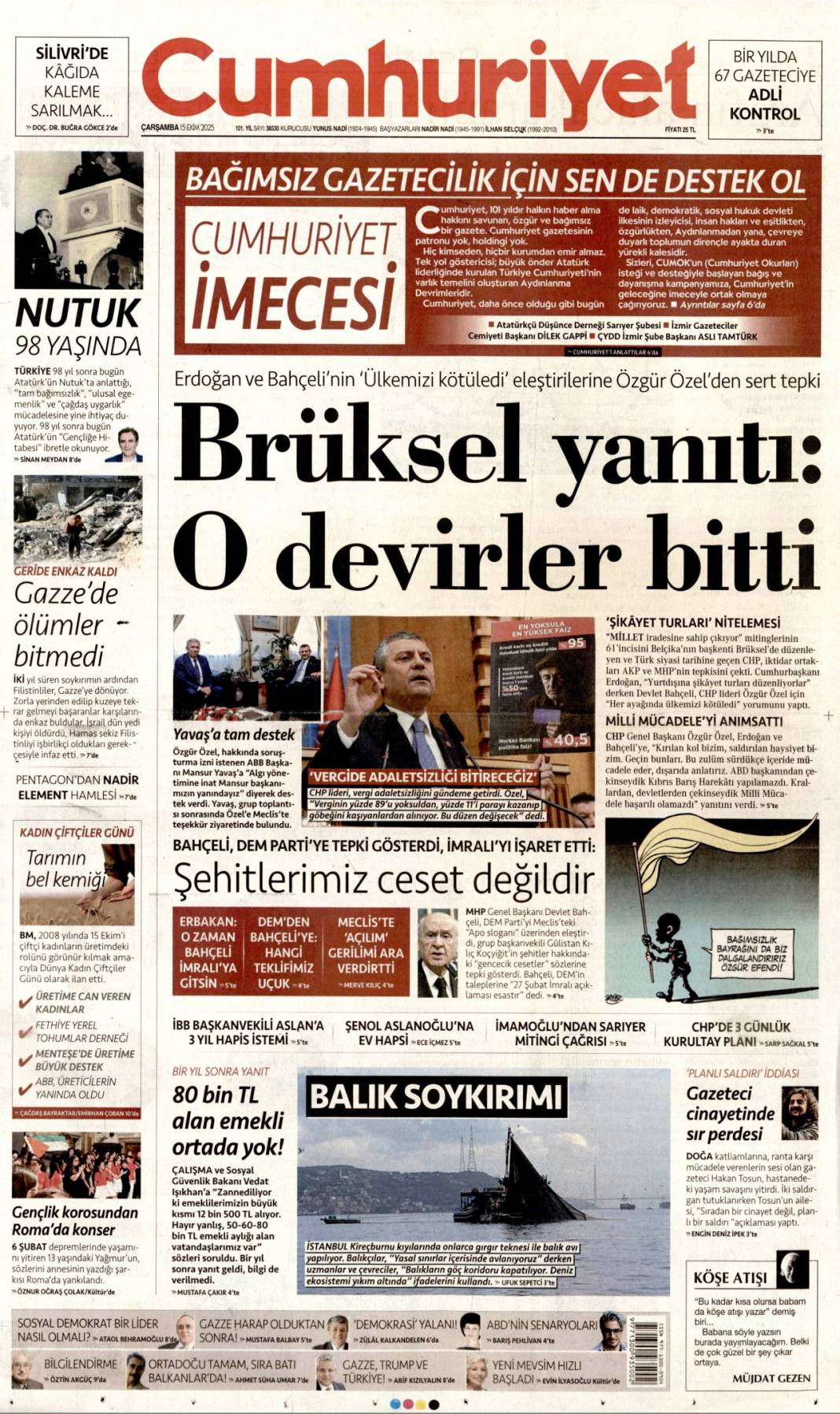 Gazze'ye can suyu olacağız: 15 Ekim 2025 Çarşamba güncel gazete manşetleri 2