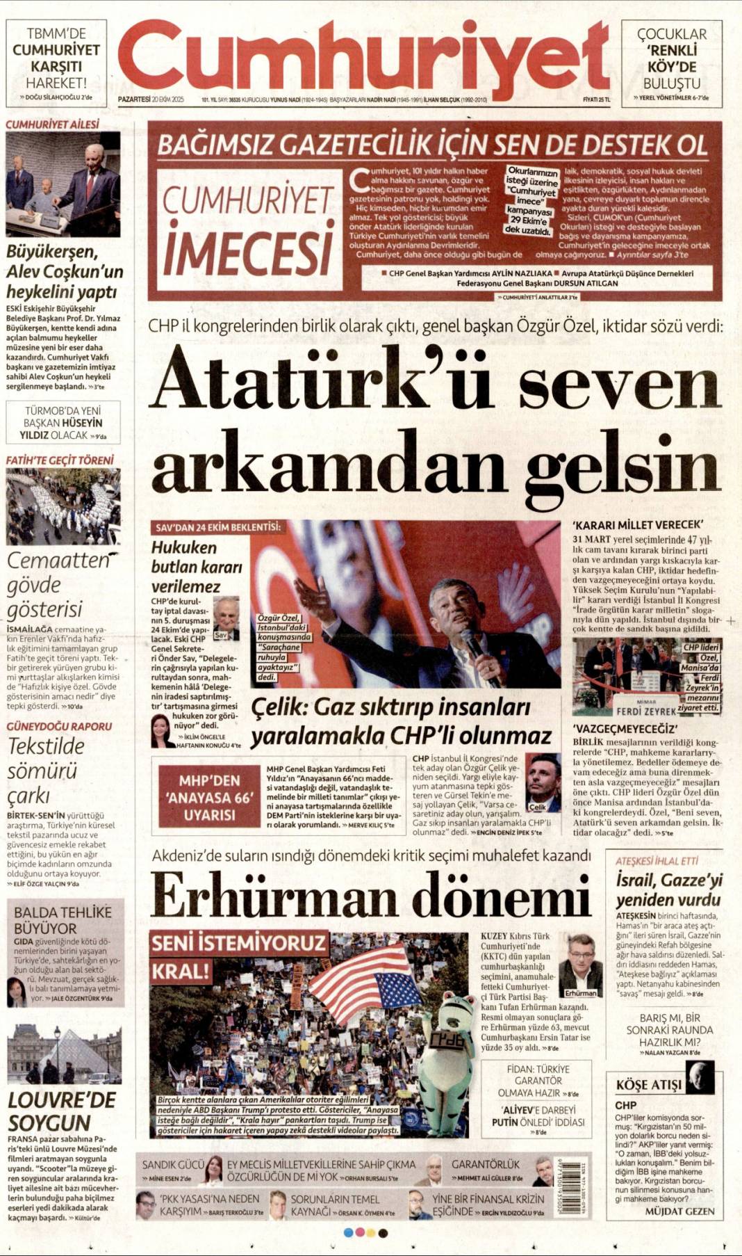 Katil İsrail'in ateşkesi yok: 20 Ekim 2025 Pazartesi güncel gazete manşetleri 2