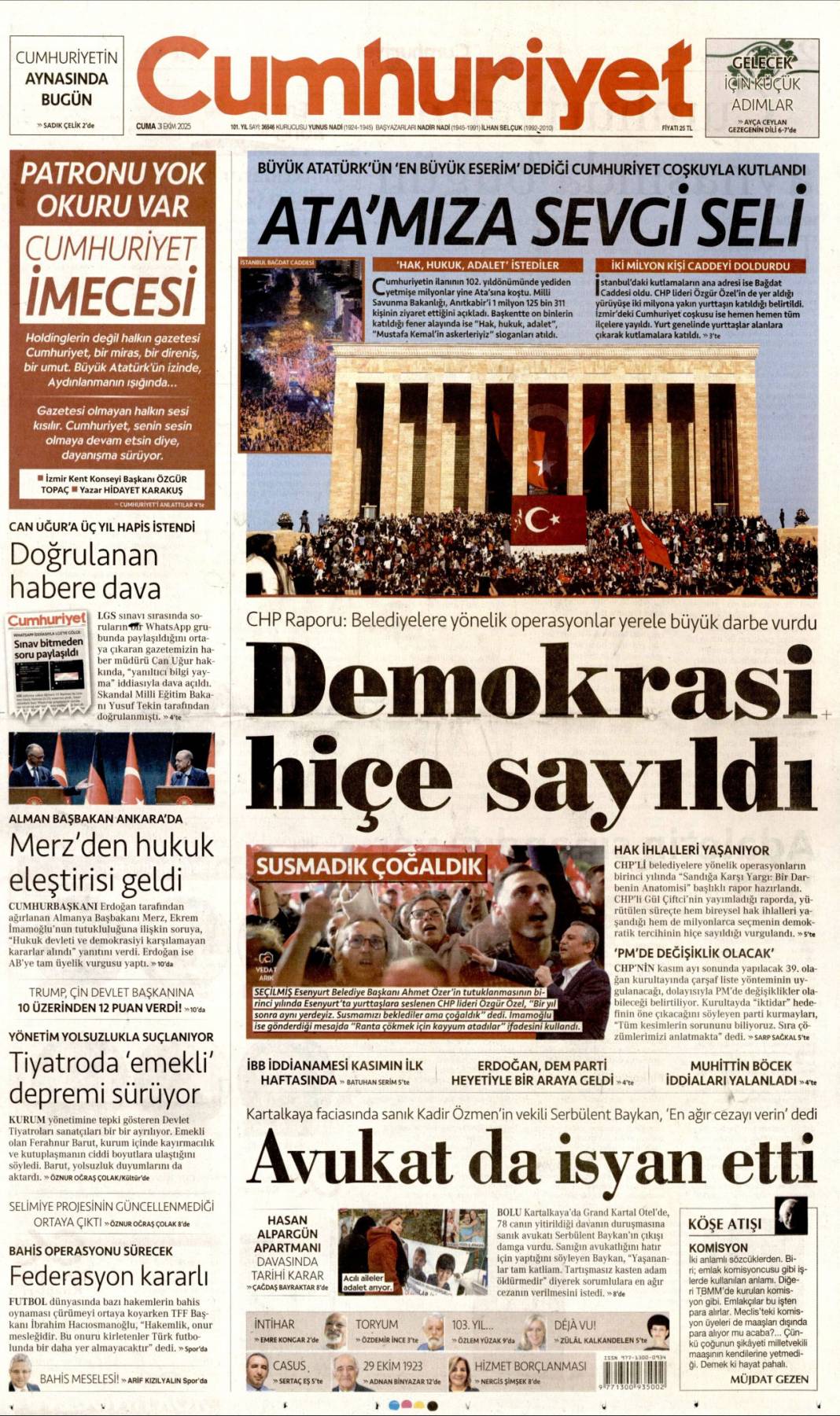 Şansölye'ye Gazze dersi: 31 Ekim 2025 Cuma güncel gazete manşetleri 3