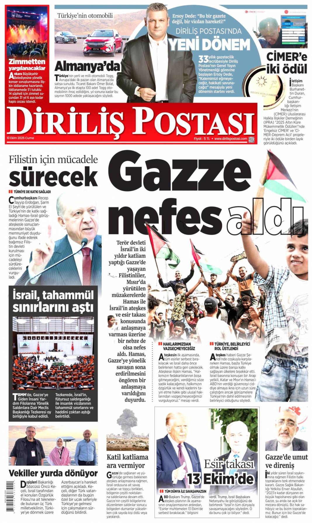 733 gün sonra silahlar sustu, Yüzün hep gülsün Gazze: 10 Ekim 2025 Cuma güncel gazete manşetleri 24