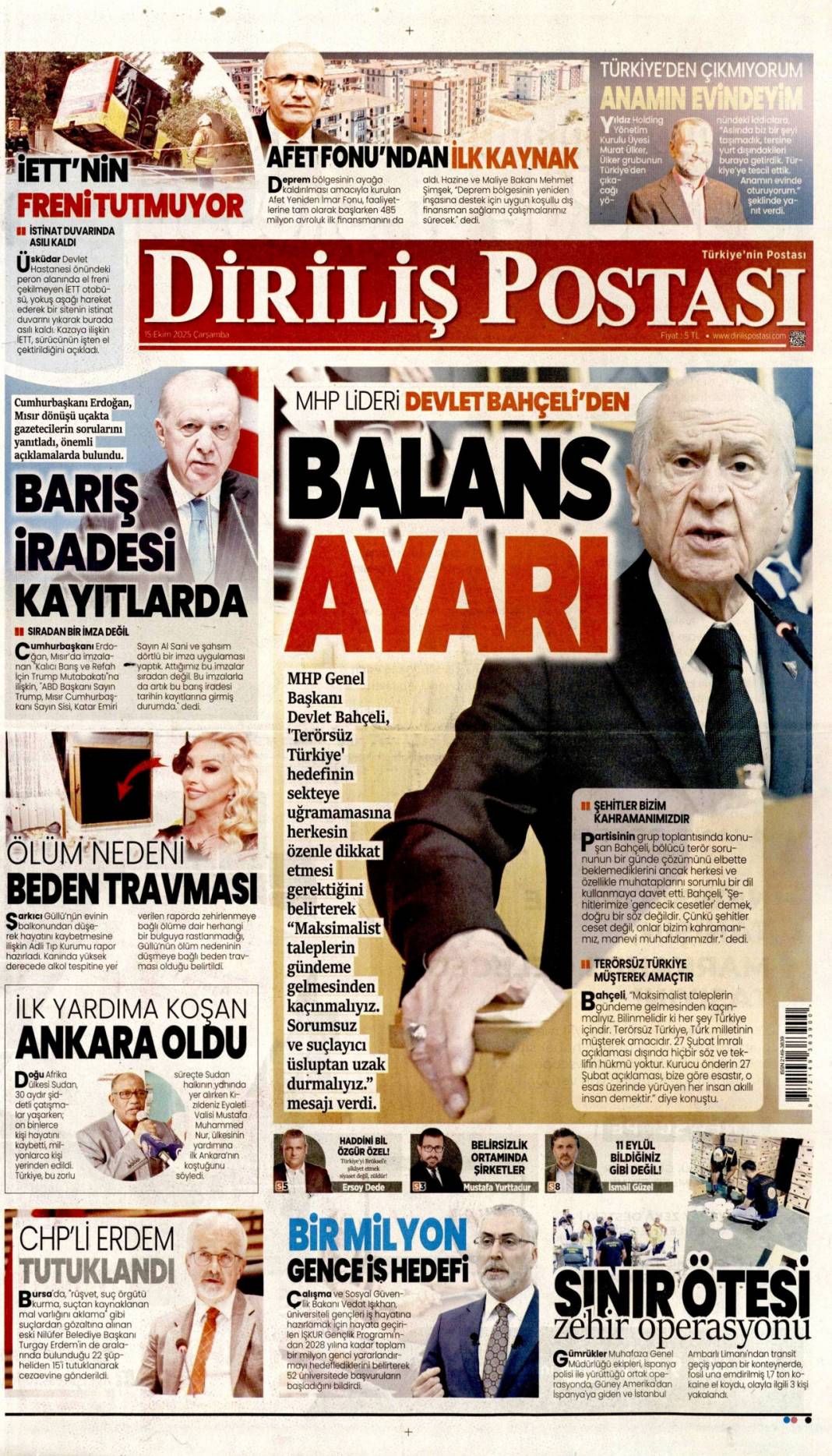 Gazze'ye can suyu olacağız: 15 Ekim 2025 Çarşamba güncel gazete manşetleri 9