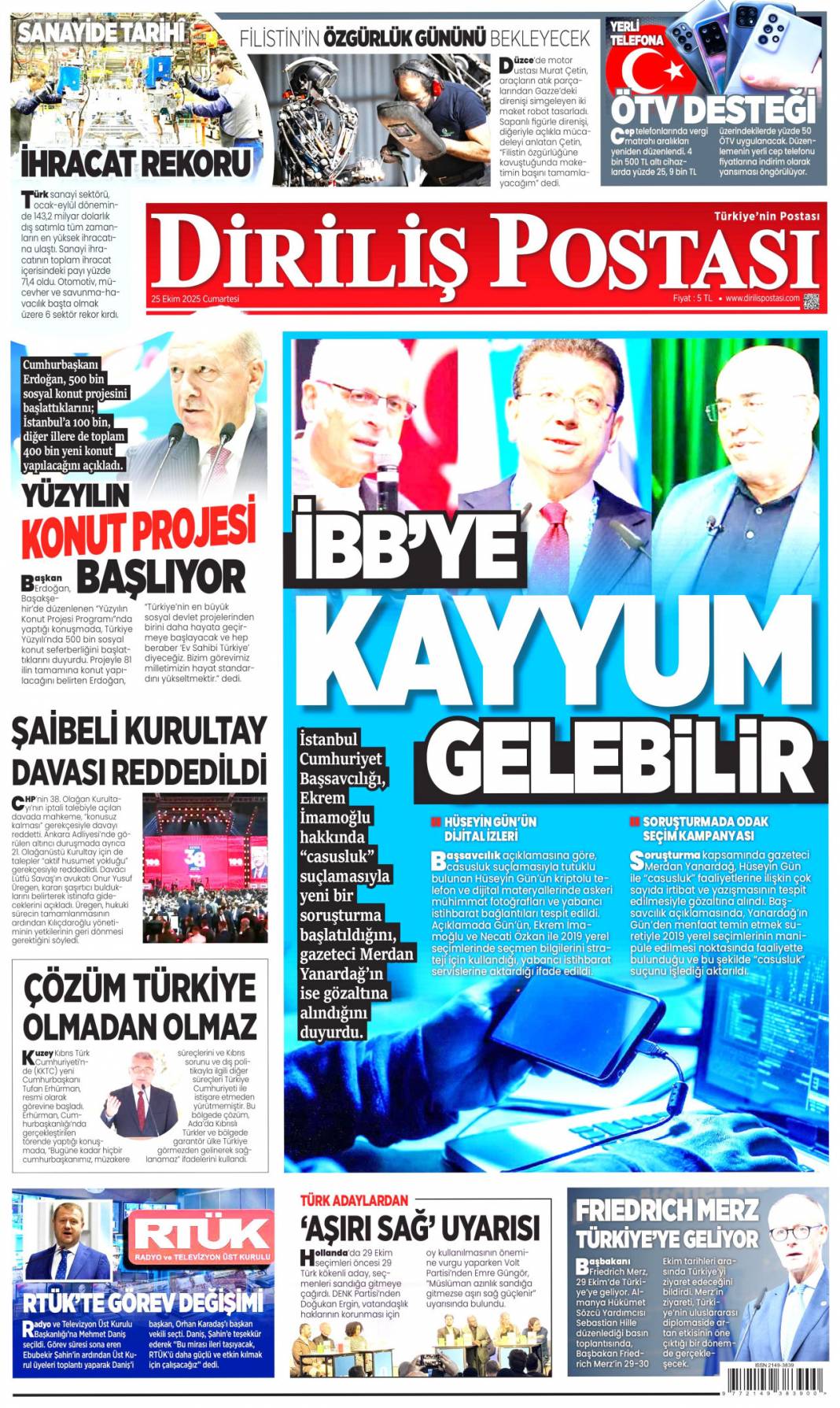 Dar gelirliye 500 bin konut: 25 Ekim 2025 Cumartesi güncel gazete manşetleri 8