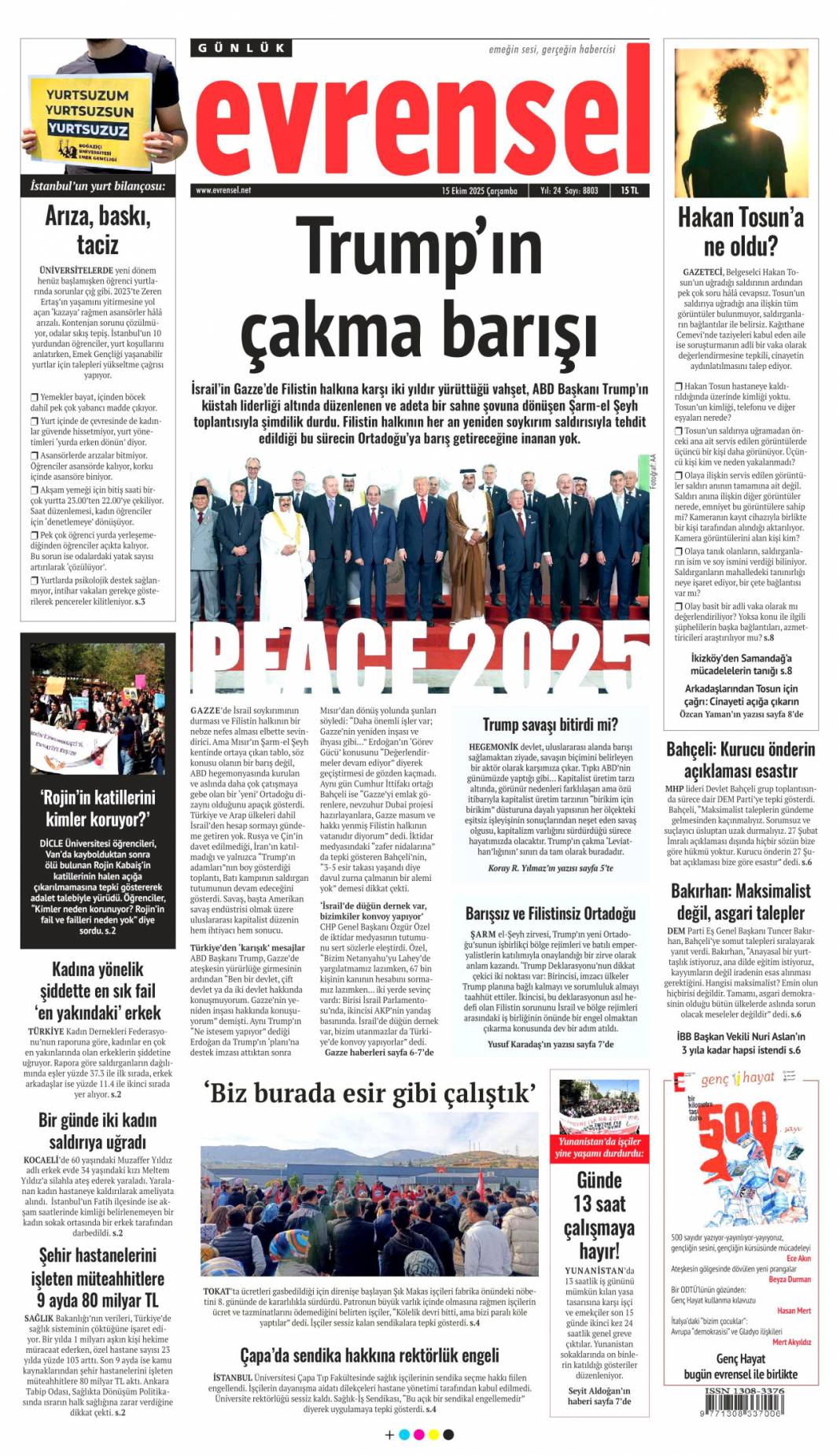 Gazze'ye can suyu olacağız: 15 Ekim 2025 Çarşamba güncel gazete manşetleri 11